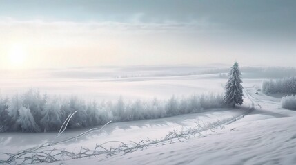 Fototapeta premium Serene Winter Landscape with Snowy Fields and Trees