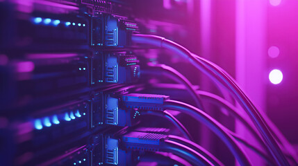 Close-Up of Data Center Server Rack with Neon Lights