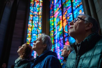 Obraz premium A group of individuals fascinated by the colorful stained glass within a cathedral, showcasing the enchanting play of light and the timeless elegance of stained glass art.