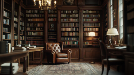 Cozy reading nook with leather armchair and wooden bookshelves in a warmly lit room