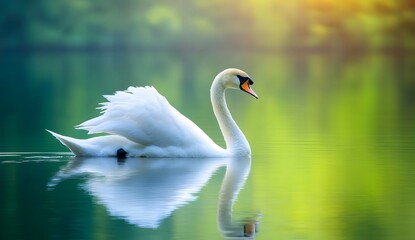 Fototapeta premium A beautiful white swan swimming gracefully on the lake, its reflection shimmering on the water's surface.