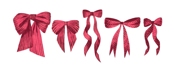 Crayon drawn realistic red ribbons and bows vector illustration. Collection of girly coquette style bows.