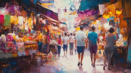 Fototapeta premium They wandered through the vibrant market, marveling at the colors