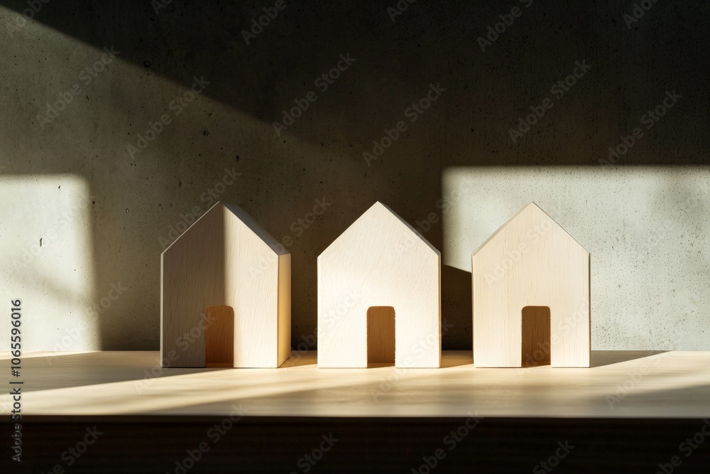 Aufkleber sunlight casts shadows on three minimalist wooden house models placed side-by-side on a light-colore