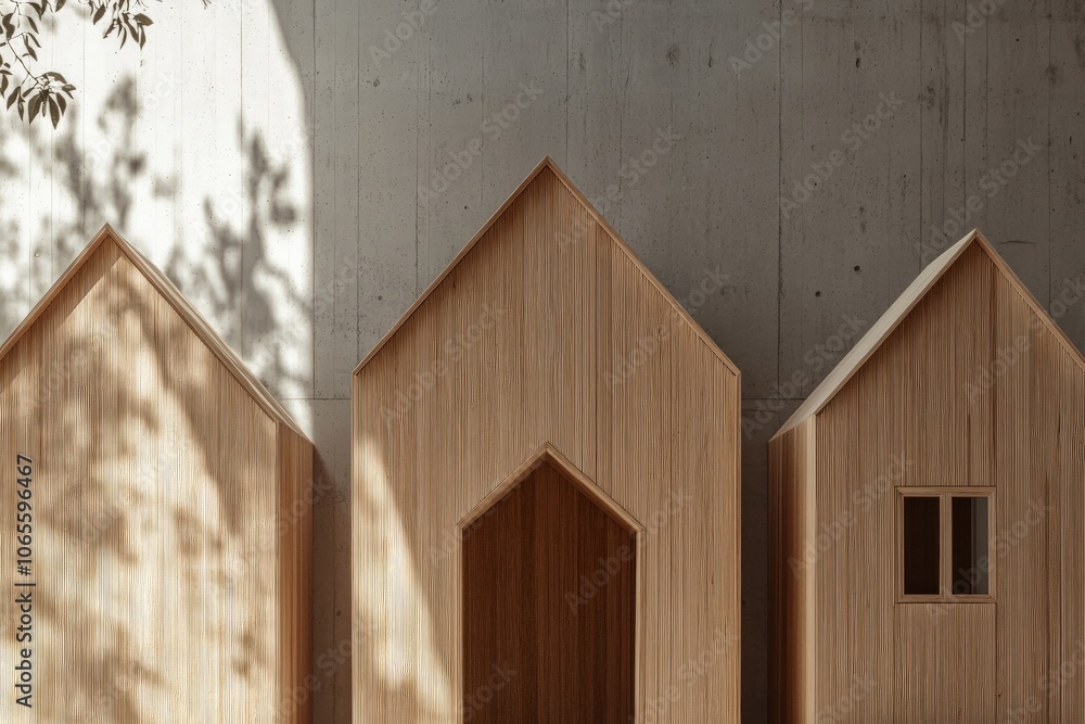Aufkleber wooden cabins with sharp angled roofs exploring clean lines and natural textures, bathed in soft lig