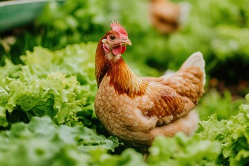 A chicken foraging among fresh lettuce leaves in a garden setting.
