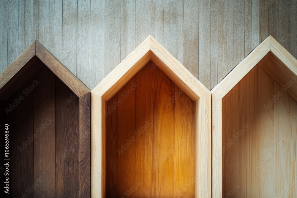 Leinwandbilder close-up of wooden house facades displaying geometric lines and interplay of light and shadows, crea