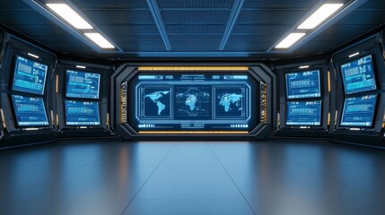 Futuristic control room with multiple screens displaying data and maps.