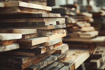 Fototapeta premium Carpenter working with wood in a carpentry factory, building and construction industry concept background. Worker putting wooden planks on a stack at a sawmill, close-up view. wood shop. Lumber busine
