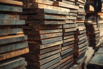 Fototapeta premium Carpenter working with wood in a carpentry factory, building and construction industry concept background. Worker putting wooden planks on a stack at a sawmill, close-up view. wood shop. Lumber busine