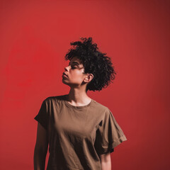 Obraz premium A photo of an woman with short curly hair on the red background