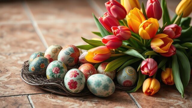 A vibrant bouquet of tulips paired with a nest of festively decorated Easter eggs, signifying the arrival of spring and the joy of the holiday season.