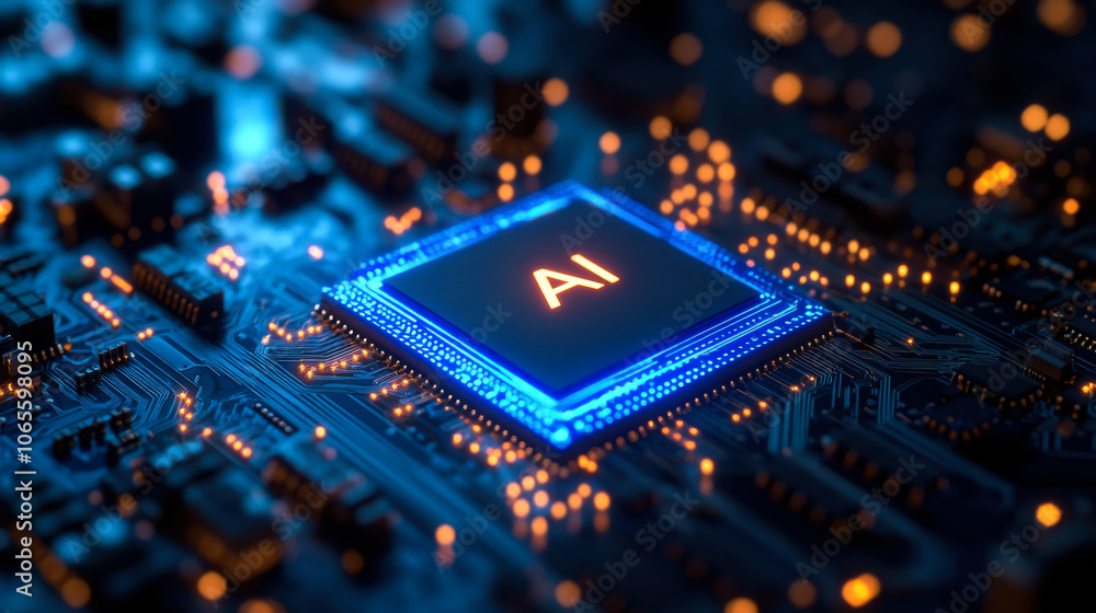 Poster intricate blue microchip surrounded by glowing circuits on a computer motherboard at close range