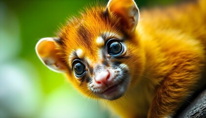 Fototapeta premium Detailed shot of a curious kinkajou highlighting its bright eyes and vibrant golden fur