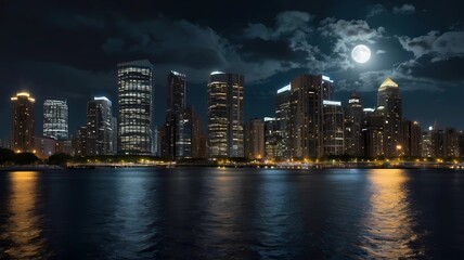 Obraz premium A very beautiful night view in the city sky with a full moon and clouds 