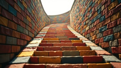 A brightly colored staircase with a brick wall on either side leading up to the unknown