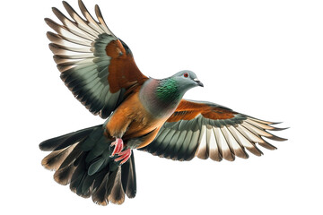 Obraz premium Close Up Of Beautiful Chestnut Naped Imperial Pigeon Flying By Flaps The Wings On Transparent Background 