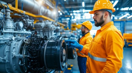 Two workers in safety gear inspecting an aircraft engine in an industrial setting.