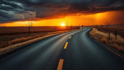 A winding asphalt road leads through a field of dried grass with a dramatic sunset backdrop of dark clouds and lightning strikes.