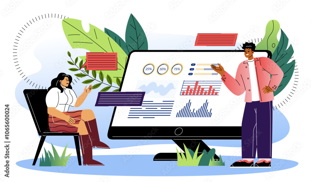 Aufkleber sales managers team. man and woman near computer screen with dashboard with graphs and diagrams. ana