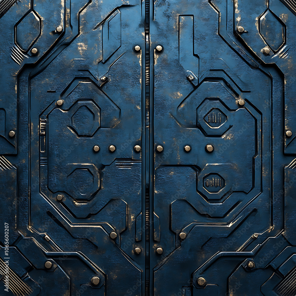 Poster futuristic metallic blue texture with intricate circuit patterns and bolts, evoking sense of advance