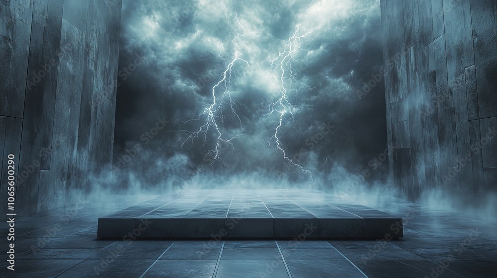 Poster otherworldly storm brews over stark concrete platform dense swirling fog creeps across the floor ill