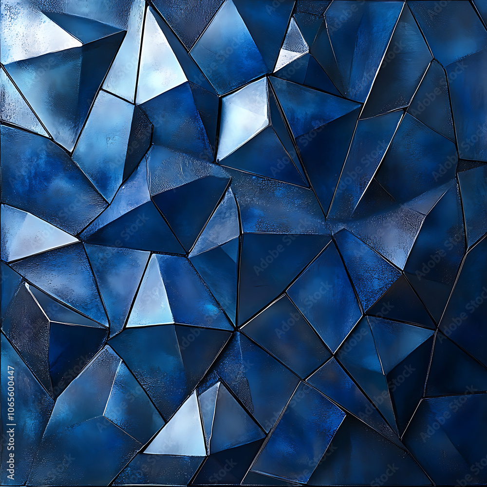 Poster Futuristic metallic blue texture with geometric shapes and facets. This abstract design features captivating interplay of light and shadow, creating dynamic visual experience