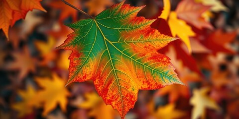 Fototapeta premium A Vivid Autumn Leaf With Intricate Veins And Vibrant Hues Of Red, Orange, Yellow, And Green, Against A Background Of Defocused Fall Foliage