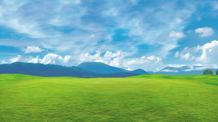 Fototapeta premium Beautiful green grass field with a blue sky and mountains