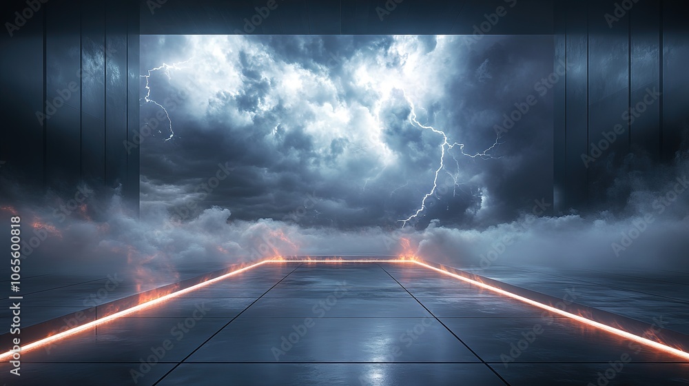 Poster otherworldly storm brews over stark concrete platform dense swirling fog creeps across the floor ill