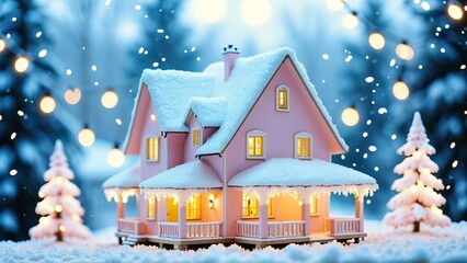 Obraz premium Cozy snow-covered house with warm lights and festive winter ambiance