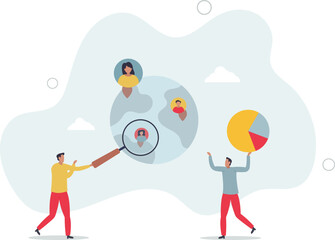 people look through magnifying glass at survey results, sociologists research society.flat characters.