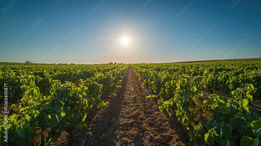 Poster a vast vineyard with rows of grapevines extending towards a bright sun in the clear blue sky.