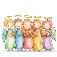 Obraz premium Five charming angels singing joyfully, vibrant colors on white isolate background.