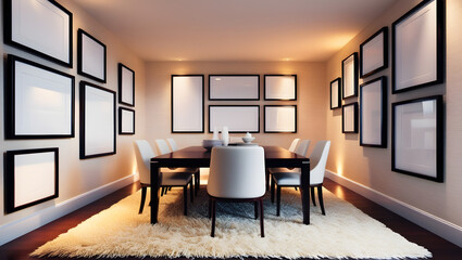 Fototapeta premium Modern meeting room interior with mockup blank picture frames on walls. Light colors, 3D Rendering