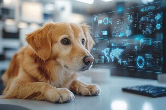 A golden retriever curiously examines a futuristic computer interface in an office setting