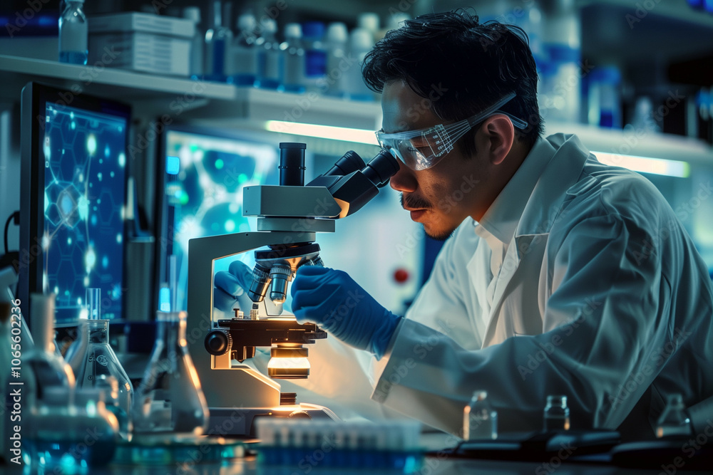 Poster scientist observing through microscope in high-tech laboratory with digital screens