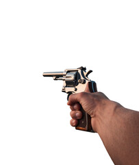 Hand pointing a gun. 1st person perspective view. First Person shooting. Aiming with a gun. Male arm and hand pointing a gun. Transparent background PNG. Premium pen tool cutout.