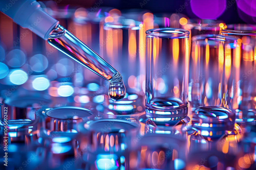 Poster close-up of a pipette dispensing a droplet into a transparent vial with colorful reflections in a la