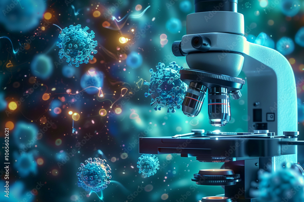 Poster digital illustration of a microscope viewing virus particles with colorful abstract background