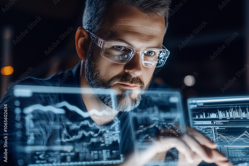 Poster a man with glasses is deeply engaged in analyzing financial data displayed on several digital screen
