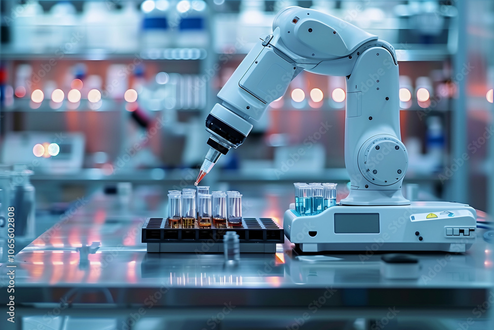 Poster a modern laboratory with a robotic arm performing precise tasks on test samples under controlled con