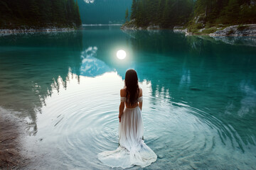 A high priestess conducting a water ritual at the edge of a crystal-clear lake, with the reflection of the moon shimmering on the surface.