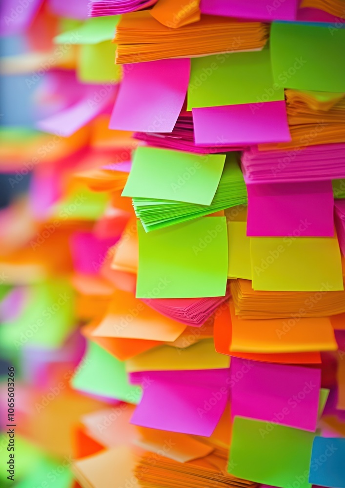 Poster a vibrant stack of colorful sticky notes arranged in a creative manner.