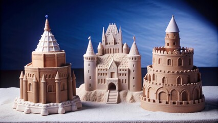 Obraz premium Sandcastle Dreams A Detailed 3D-Printed Miniature Ensemble Against a Blue Sky