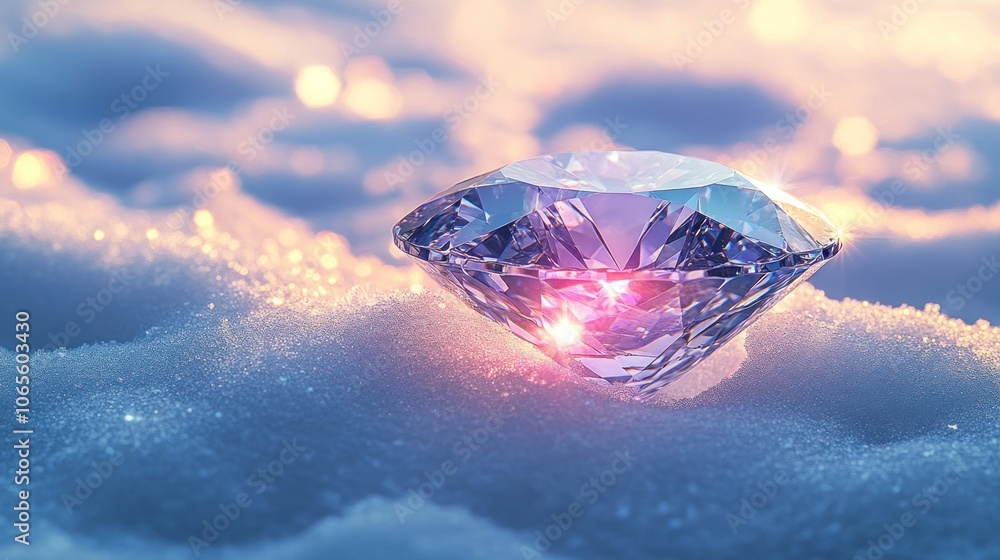 Poster a sparkling diamond rests in the snow, illuminated by the soft glow of the setting sun.