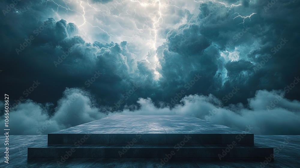 Poster otherworldly storm brews over stark concrete platform dense swirling fog creeps across the floor ill