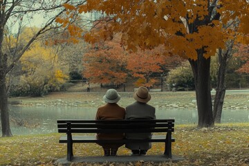 Elderly couple sitting on a bench in a park, back view, on a sunny day during the autumn season, wearing hats and coats. A love concept, a happy moment of old people together in an outdoor setting. 