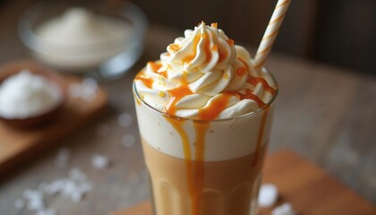 Indulgent Caramel Latte with Whipped Cream in Glass for Cozy Autumn Treat