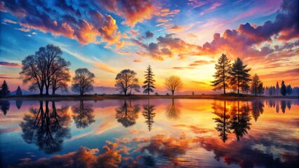 Fototapeta premium Silhouetted Trees Reflecting in a Serene Lake at Sunset, with Vibrant Clouds in the Sky